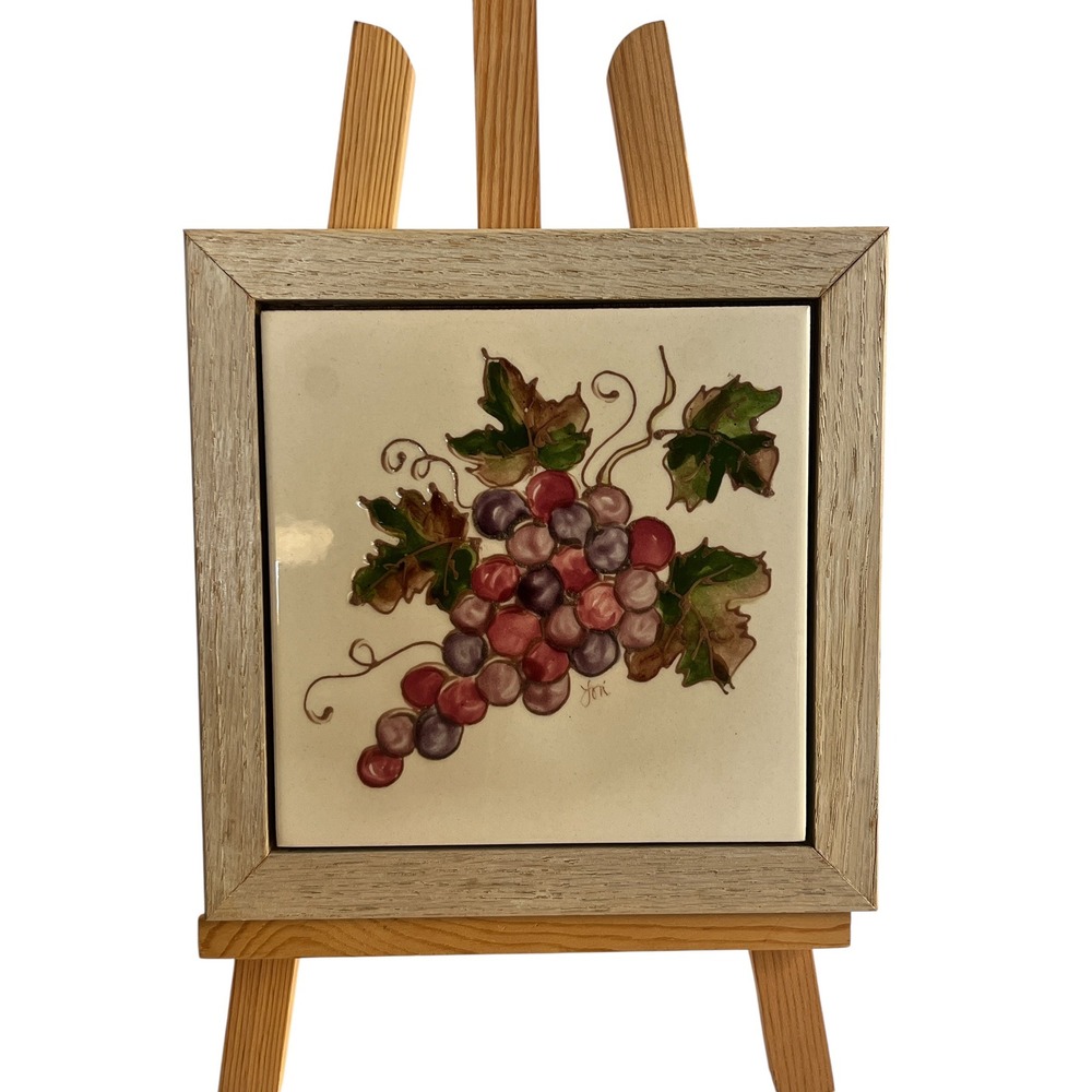 Jori Hand Painted Grape Ceramic Art Tile in Oak Wood Frame Empty Nest 7.25"